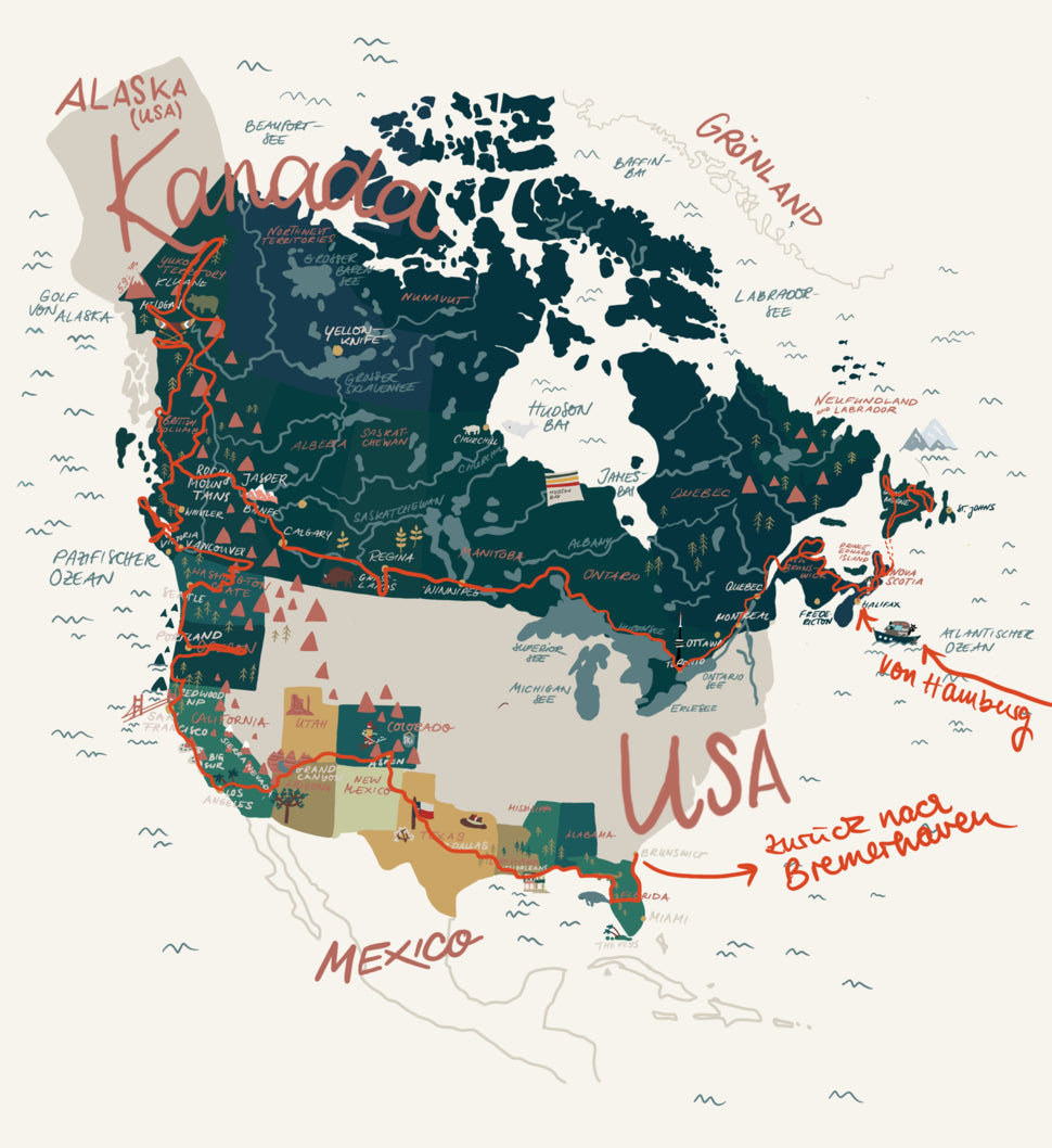 Unsere Route auf 30.573 km durch Nord Amerika