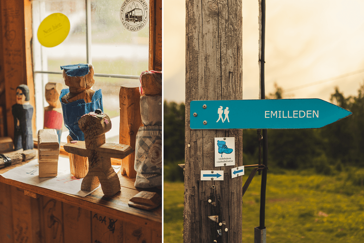 Emil Figuren aus Holz geschnitzt in Lönneberga; rechts ein Wanderschild für den Emilleden in Südschweden