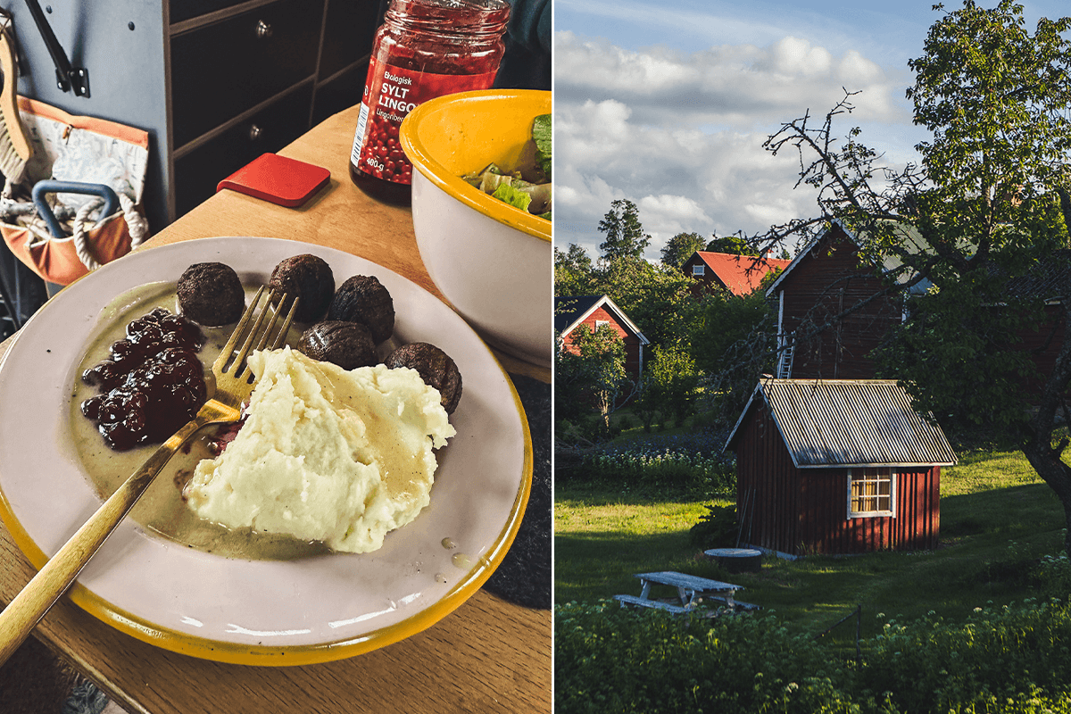 Rosa Roadtyping Emaille Teller mit veganer Köttbullar Soße im Camper auf der linken Seite, ein Bild von Bullerby in Schweden auf der rechten Seite
