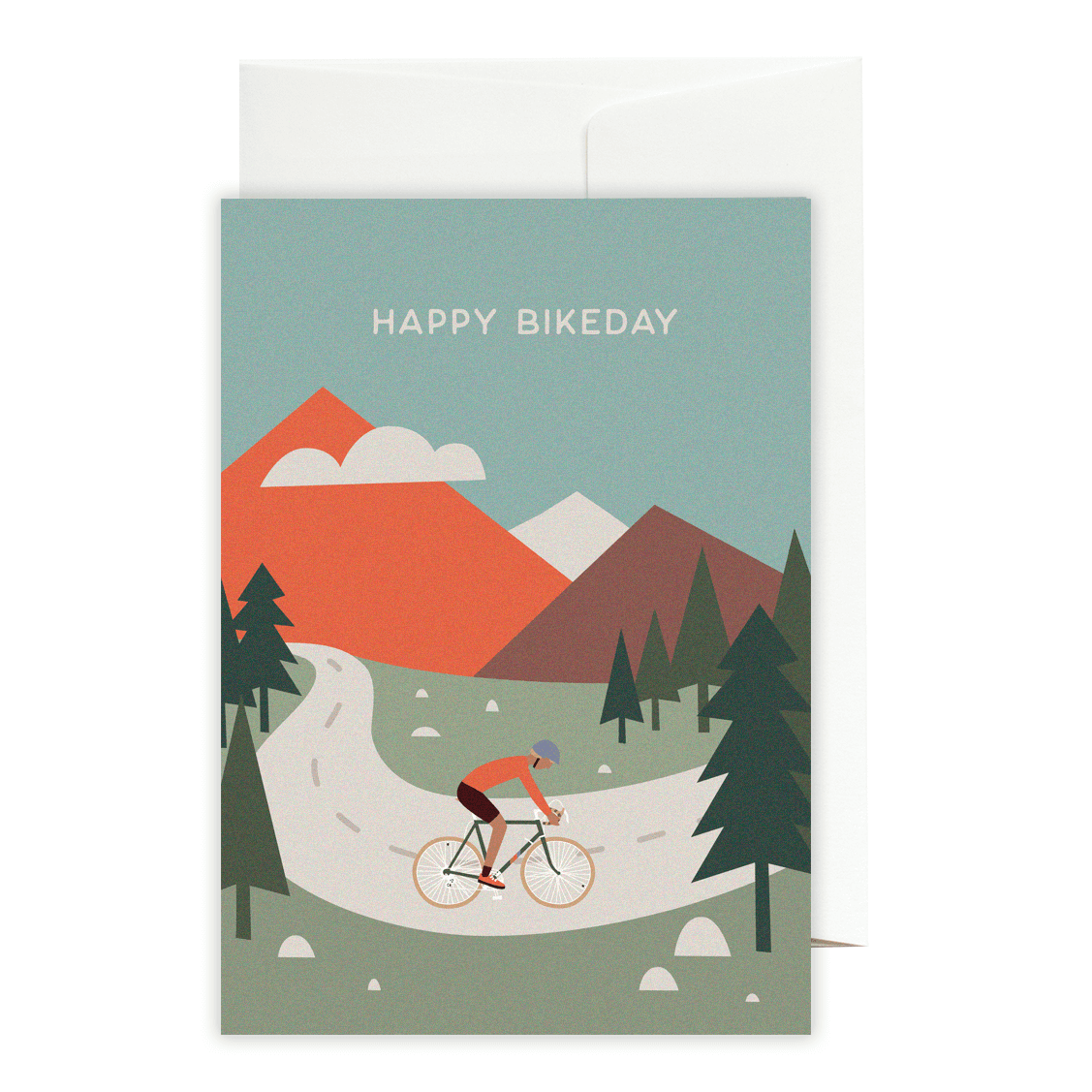 Grußkarte von Roadtyping mit der Illustration eines Radfahrers, der eine Bergstraße hochfährt. Darüber steht der Text "Happy Bikeday".