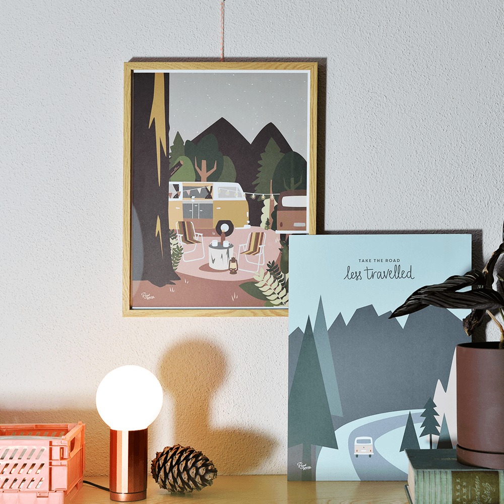 Roadtyping art print poster Camping Vanlife Roadtrip Take the road less travelled Illustration
