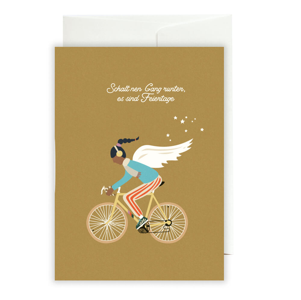Grußkarte Christkind auf dem Fahrrad